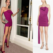 紫红色贴网纱抹胸时尚花朵，修身包臀连衣裙气质名媛洋气小礼服