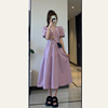 高级感紫色连衣裙女夏季2023法式泡泡袖收腰显瘦V领a字长裙