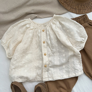 女童短袖上衣夏季儿童可爱衬衫，女宝宝小众圆领森系刺绣娃娃衫
