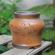 柴烧系日式高端花器刻绘复古粗陶手工花器老桩简约禅意造景盆