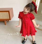 女童红色连衣裙夏季薄款宝宝生日衣服儿童波点连体裤棉布公主裙