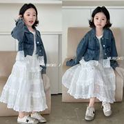 韩国品牌milai女童外套2024秋季蕾丝花边儿童牛仔衣夹克网纱白裙