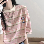韩国纯棉条纹小熊刺绣可爱短袖t恤女夏季宽松休闲粉红色减龄上衣
