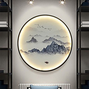 壁灯新中式背景墙装饰壁画灯中国风禅意圆形客厅卧室茶室过道灯具