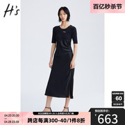 HS设计感小黑裙2023秋季女装气质抽褶镂空短袖中长裙连衣裙