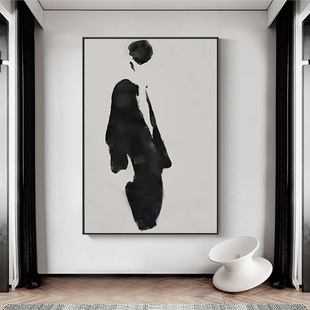 黑白灰风格抽象极简客厅，装饰画高级感落地画现代小众艺术人物挂画