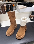 23冬季女鞋加绒保暖雪地靴厚底粗跟短靴磨砂，真皮两穿中筒棉鞋