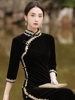 金丝绒旗袍秋冬弹力黑色，简约新中式秋款礼服，日常可穿2024年妈