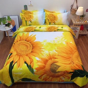 l全棉3d立体印花床单，四件套纯棉活性向日葵花被套2米双人床上用品