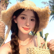 蕾丝编织平顶草帽子，女士夏季日系毛边，防晒海边沙滩花边太阳遮阳帽