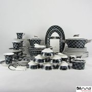 欧式中档黑灰格骨瓷餐具套装，70头陶瓷家庭送礼西餐具盘碗勺咖啡具