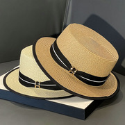 帽子女款2024夏季英伦风，平顶礼帽海边度假防晒草帽遮阳太阳帽