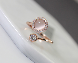 威妮华原创转运珠戒指女玫瑰金 猫眼石小众气质镶钻食指戒环