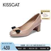 KISSCAT接吻猫春季圆头法式粗跟单鞋增高蝴蝶结浅口单鞋女