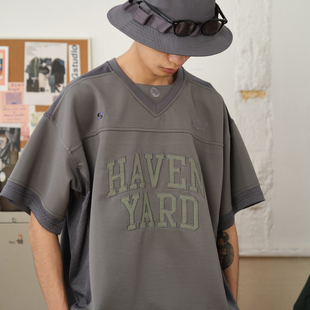 HavenYard 美式复古贴布绣橄榄球服夏季透气运动休闲短袖T恤