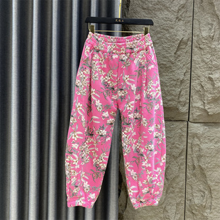 粉色减龄休闲运动卫裤女秋冬印花设计感加绒舒适八九分哈伦裤