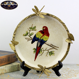美式乡村手绘陶瓷小鸟铜边壁挂家居装饰盘，书房客厅软装摆件