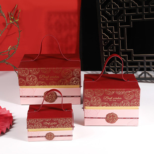 中式山茶花烫金礼盒手提式天地盖婚庆喜糖包装盒子生日伴手礼空盒