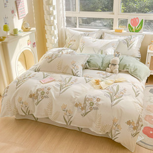 恒源祥全棉纯棉四件套床上用品花卉，床单式三件套床单被罩枕套套件