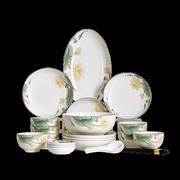 裕行中国风陶瓷餐具套装盘子碗筷，鱼盘套装礼盒，包装32头莲年有鱼
