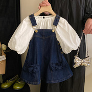 三岁四岁五岁六岁春季女童气质灯笼袖衬衫蝴蝶结牛仔背带裙子