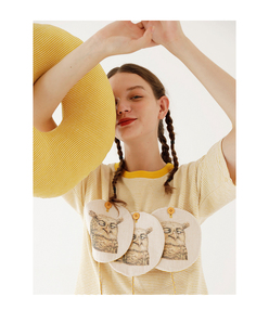 懒周日原创设计清新可爱创意猫头鹰装饰条纹女生，圆黄色领短袖t恤