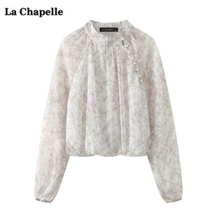 拉夏贝尔lachapelle新中式水墨印花衬衫，女春季长袖雪纺衫上衣