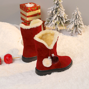 女童雪地靴2023冬季棉鞋加绒加厚靴子防滑软底红色儿童棉靴女