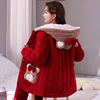 秋冬季睡衣女珊瑚绒三层夹棉可爱连帽红色加厚加绒家居服套装