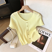 黄色短袖冰丝针织衫夏季2024薄款修身短款t恤女半袖体恤上衣
