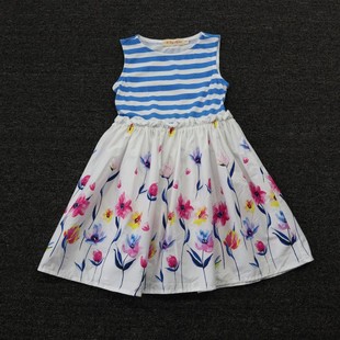 女童3-8岁中小童纯棉条纹，背心连衣裙夏季女孩时尚花朵裙子