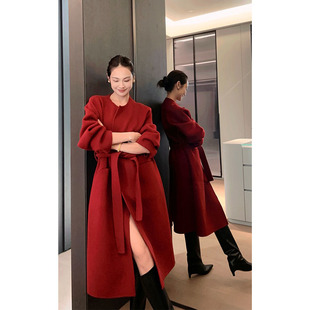 美洋meiyang好运羊绒大衣极简气质，圆领中长款红色，双面呢外套
