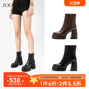 jooc玖诗高跟短靴，秋冬防水台胎牛皮时装靴，复古短筒靴女鞋7096