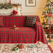 复古英伦风苏格兰格子美式圣诞红色全包组合沙发盖布罩巾流苏桌布