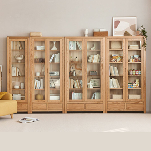 简约实木书架组合北欧抽屉收纳储物柜，书房橡木带门书柜原木置物架