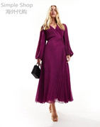 英国asdesign紫红色褶皱雪纺，包扣迷嬉连衣裙2024-01-03