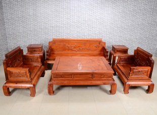 红木家具缅甸花梨木厚板雕花六件套大果紫檀精美中式全实木沙发