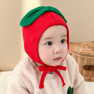婴儿帽子可爱大红色苹果护囟门，保暖羊绒棉男女宝宝胎帽护耳帽秋冬