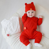 新生儿春秋纯棉哈衣婴儿满月周岁，百天大红色连体衣，宝宝长袖爬服白