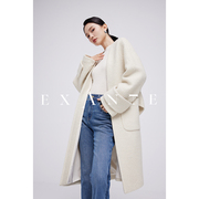 exante白色羊毛大衣女，中长款2022秋冬华夫格宽袖无领外套