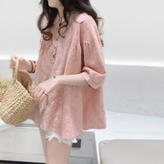 棉麻娃娃衫女夏季韩版蕾丝拼接大码苎麻中袖小衫上衣亚麻短袖衬衫
