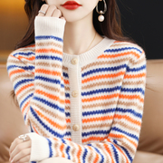 素彩条圆领羊毛开衫订春季时尚女装针织蚕毛衣外套杭州