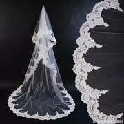 白色韩式新娘结婚拍照蕾丝，花边3米超长拖尾头纱礼服配饰软纱