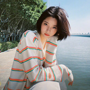 欧阳娜娜明星同款白色条纹针织衫女冬季韩版宽松圆领套头百搭毛衣
