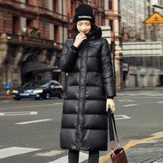 黑色羽绒棉服女中长款2022冬季韩版连帽亮面加厚超长过膝外套