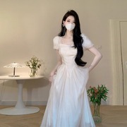 法式白色方领泡泡袖连衣裙，女春夏气质，高级感仙女超仙森系收腰长裙