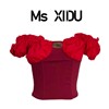 Ms XIDU 欧美小众夏季鱼骨一字领正红酒红拼色复古短款上衣女收腰