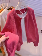 玫红色短款毛衣外套女秋季2024韩版宽松慵懒外穿拉链针织开衫