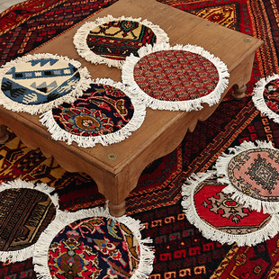 巴基斯坦进口手工圆形羊毛，杯垫波斯风格客厅餐桌，装饰垫花盆垫地毯