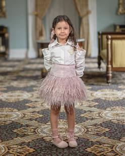 大熊家 Petit Maison女童短裙时尚天鹅绒羽毛粉红色半身裙